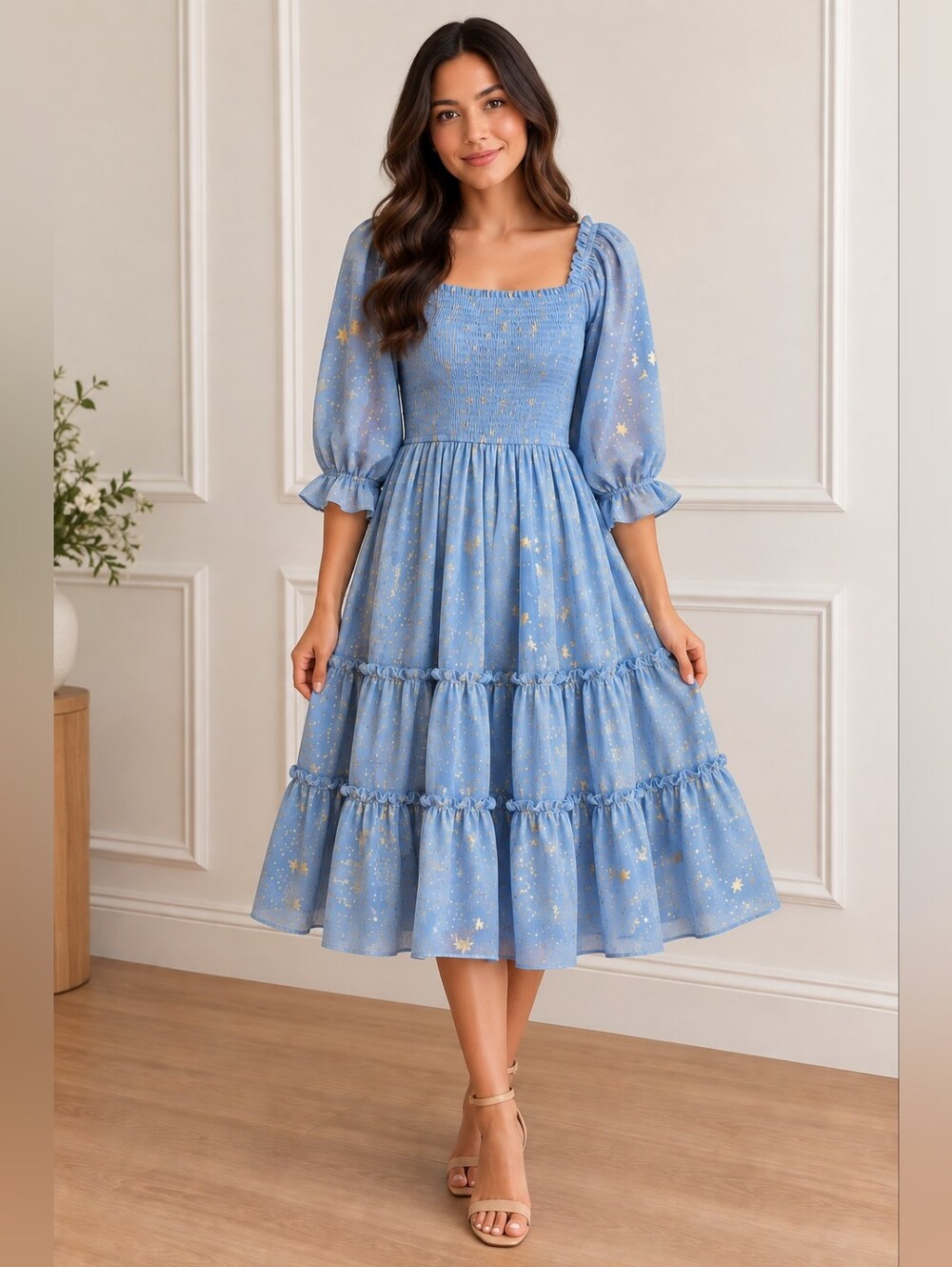 Ivy City Co Starry Nights Dress Baby Blue Gold Stars XS NWT